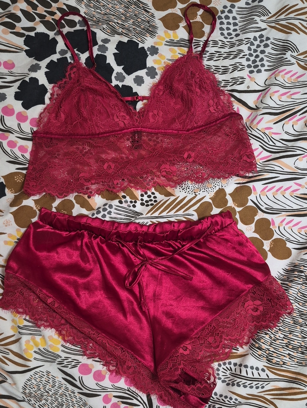Fashion Nova Burgundy Lace Bralette and Satin Shorts Sleep Set